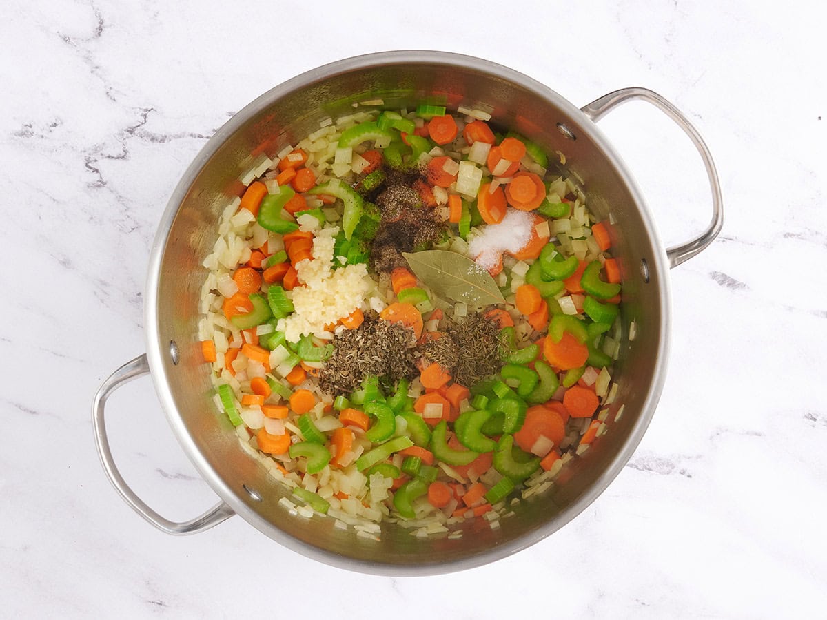 Sazonamientos secos se agregaron a una olla de sopa.