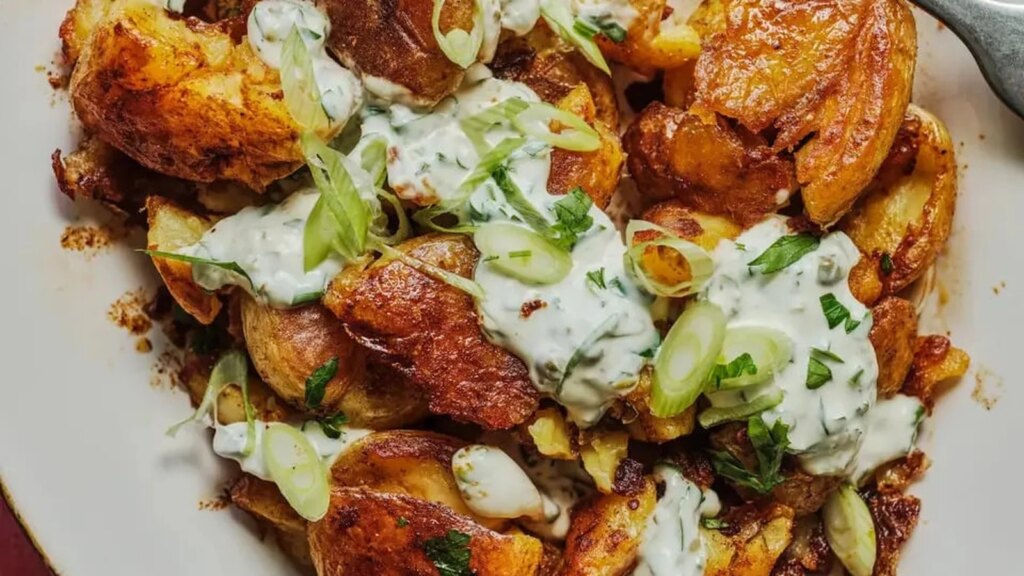 Ensalada de patatas crujientes de Jim Moore con aderezo de alcaparras y mostaza