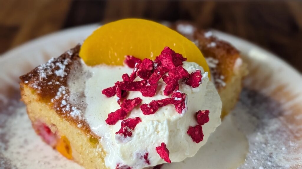 Tarta one bowl de vainilla con melocotón y frambuesa de Mags Roche: Hoy