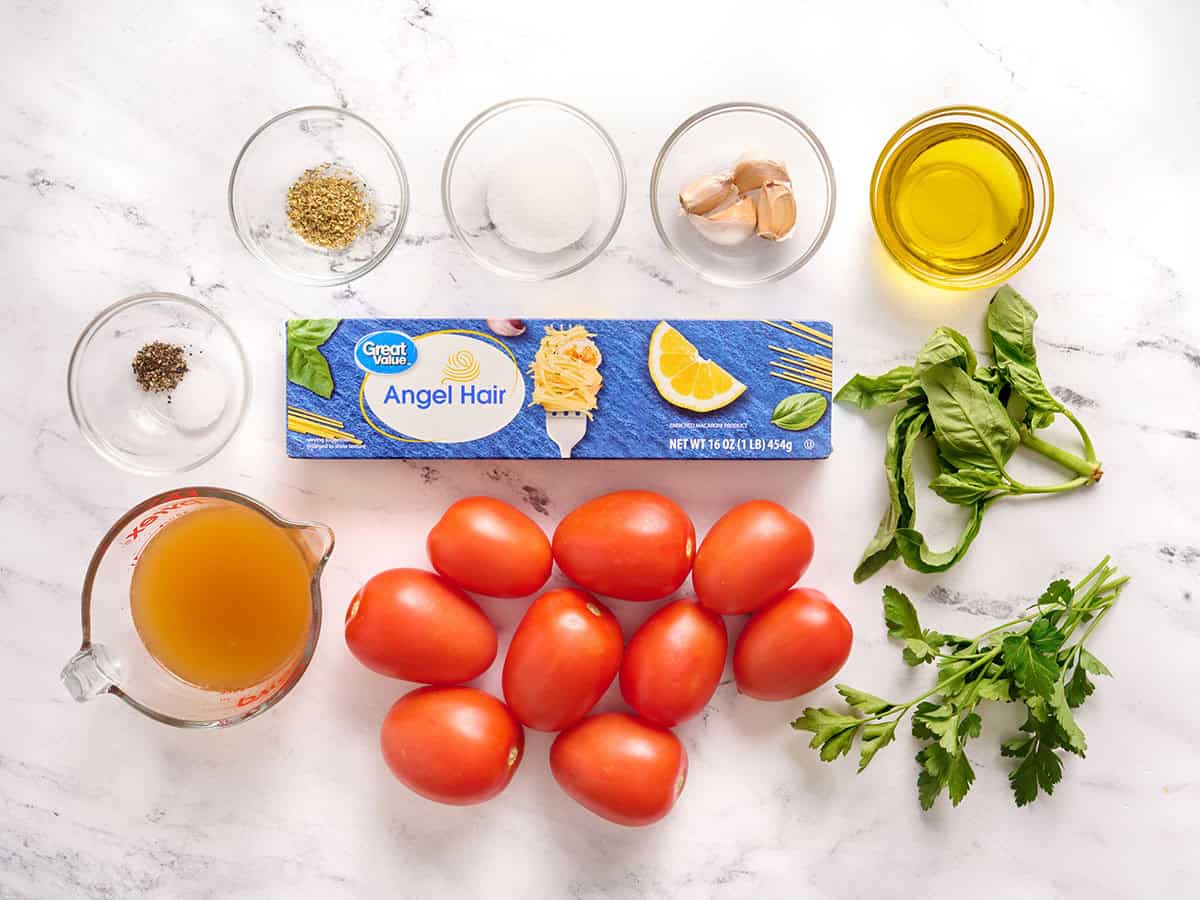 Los ingredientes para hacer Pasta Pomodoro Cabello de Ángel.