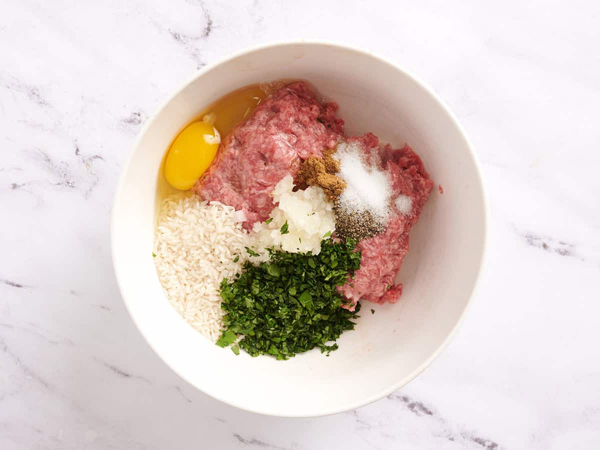 Carne molida, arroz blanco crudo, huevo, cebolla, condimentos y cilantro fresco en un tazón.