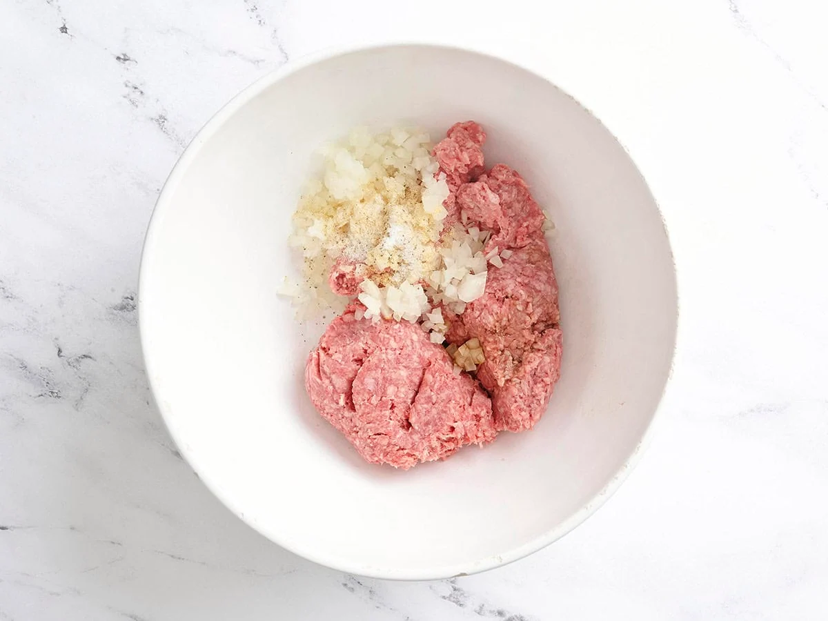 Carne molida, cebolla picada y condimentos en un tazón.