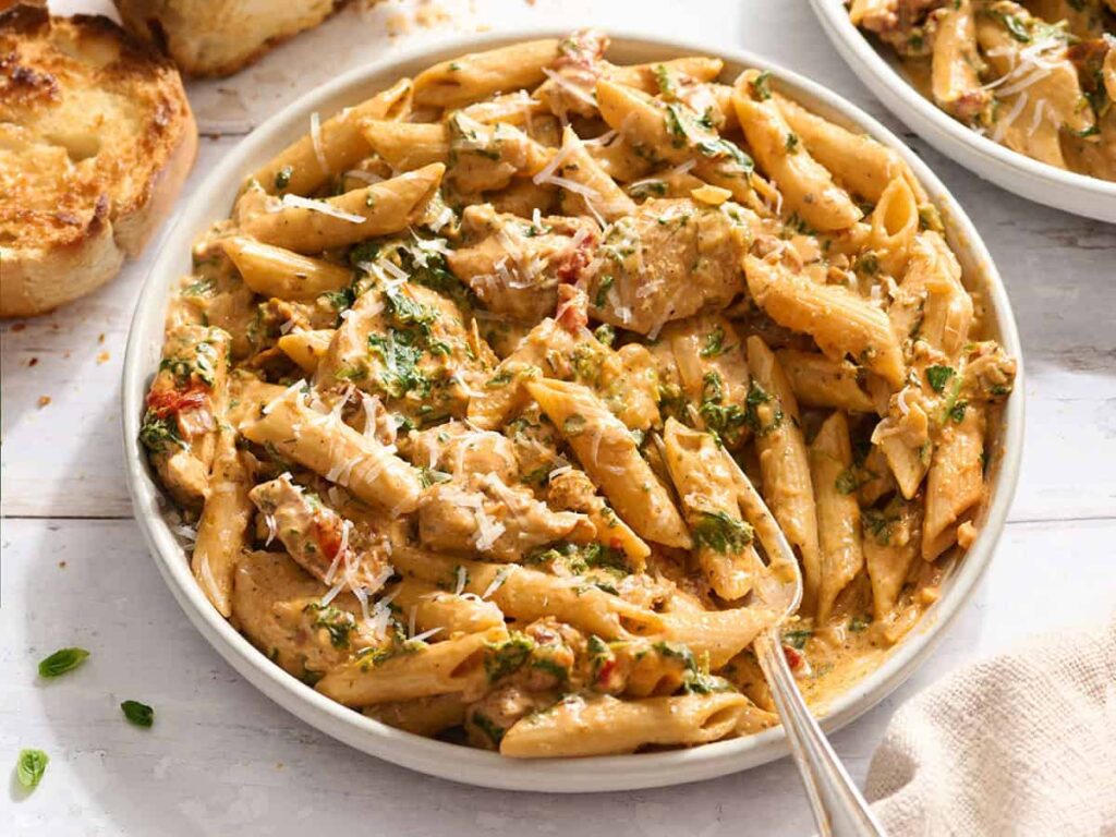 Overhead side view of marry me chicken pasta in a bowl with a fork.