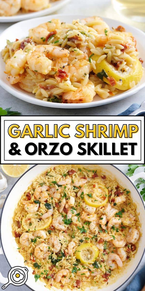 Imagen de pin de sartén con camarones al ajillo y orzo