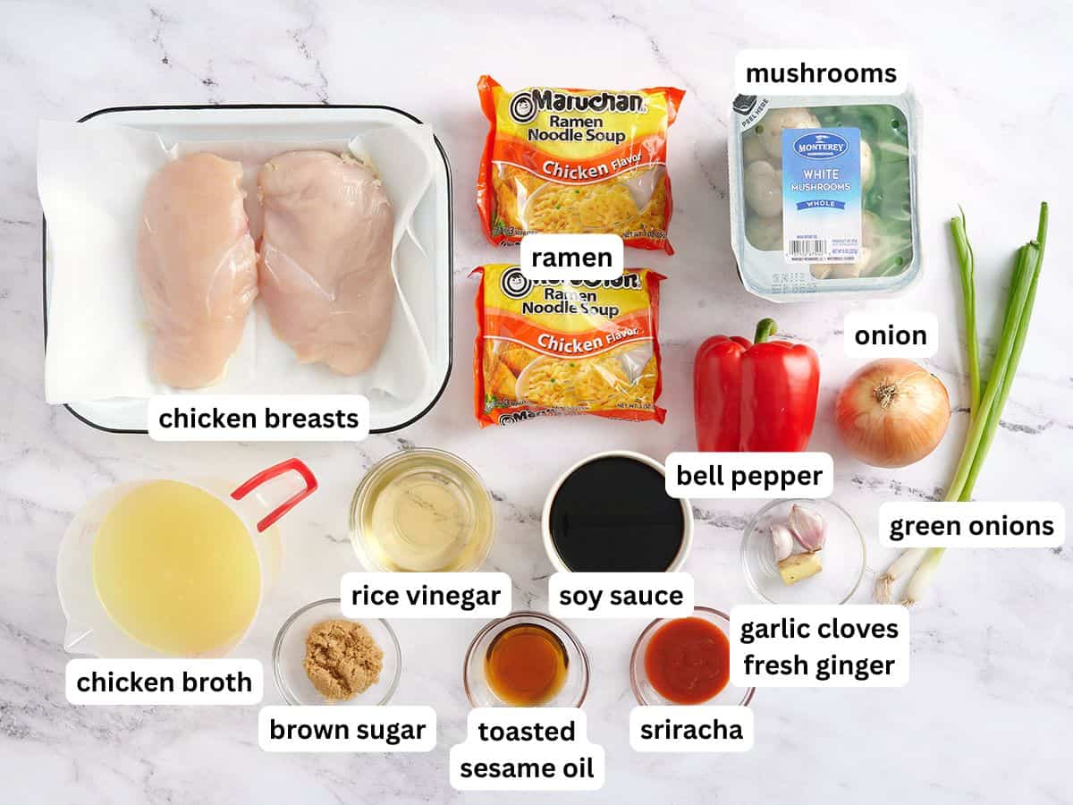 Los ingredientes para el ramen de pollo en olla de cocción lenta con etiquetas.