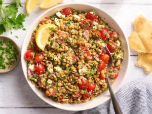 Overhead view of a bowl of lentil salad.