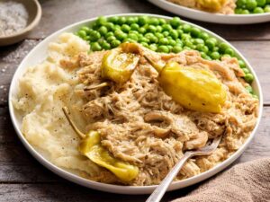 Mississippi chicken on a plate with mashed potatoes and green peas.