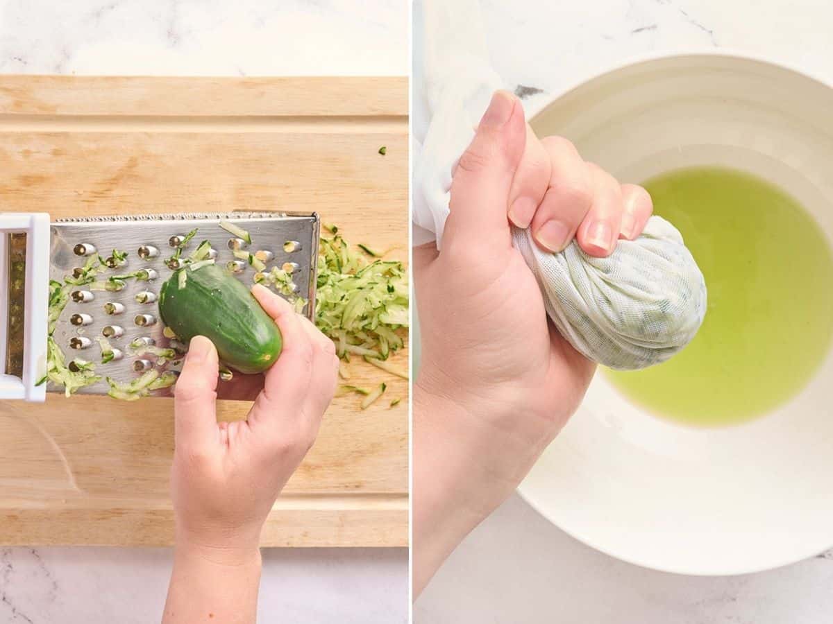Manos usando un rallador de queso para rallar un pepino, seguido de pepino rallado en una gasa que se cuela sobre un tazón.