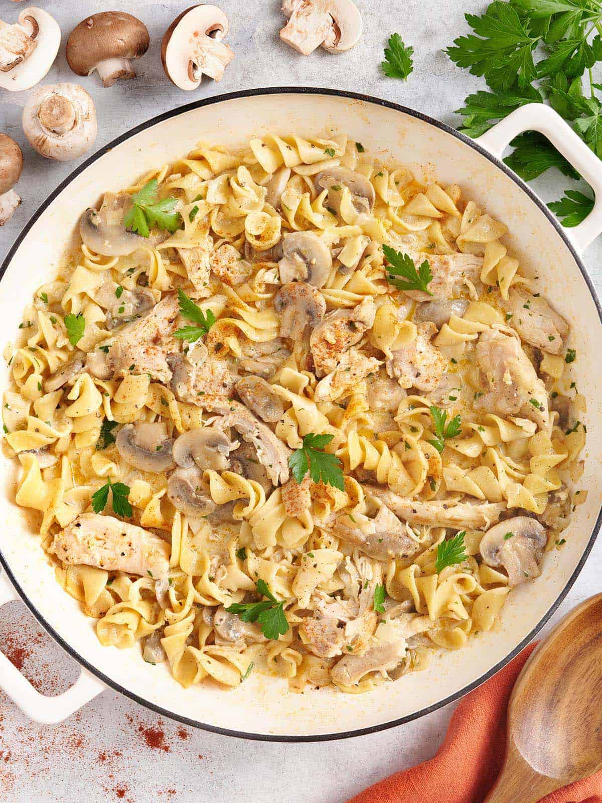 Vista aérea de una olla de pollo stroganoff.