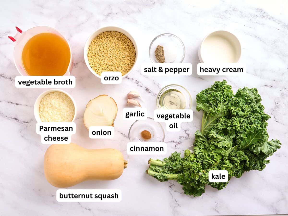 Los ingredientes para el orzo cremoso de calabaza con etiquetas.